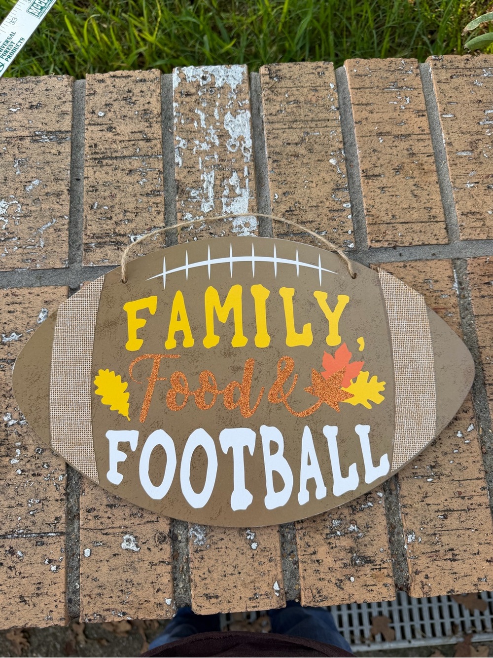 Family Food & Football Wood Wall Hanging - Distressed Style Brown, Yellow, White